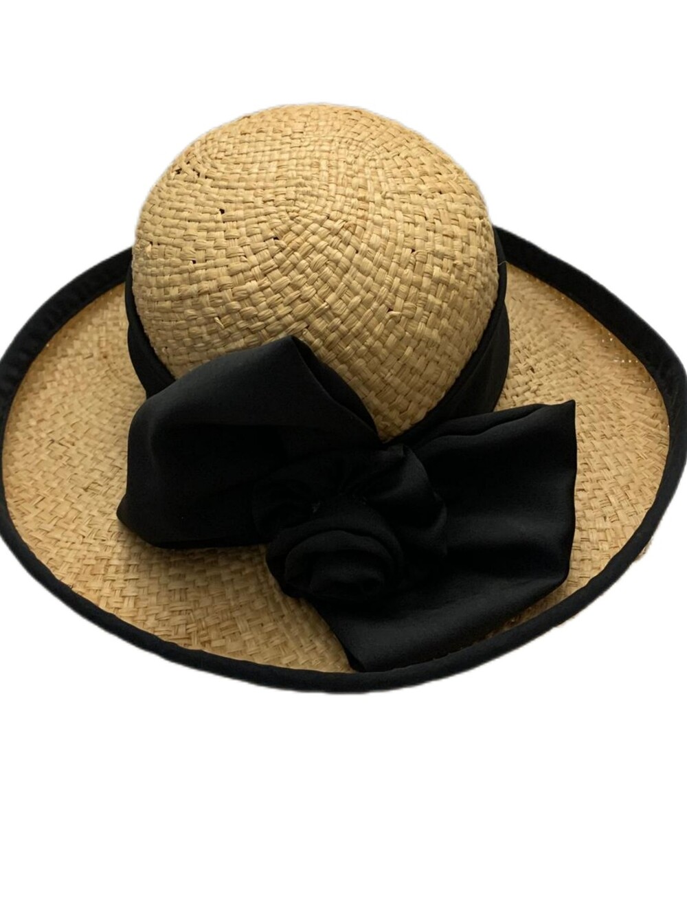 Deborah Rhodes Women's Straw Wide Brim Sun Hat Beige/Black Bow One Size